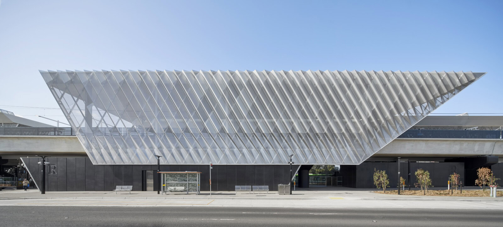 Frontal view of Reservoir Station’s sculptural canopy – elevated rail design by Genton for Melbourne’s public transport network
